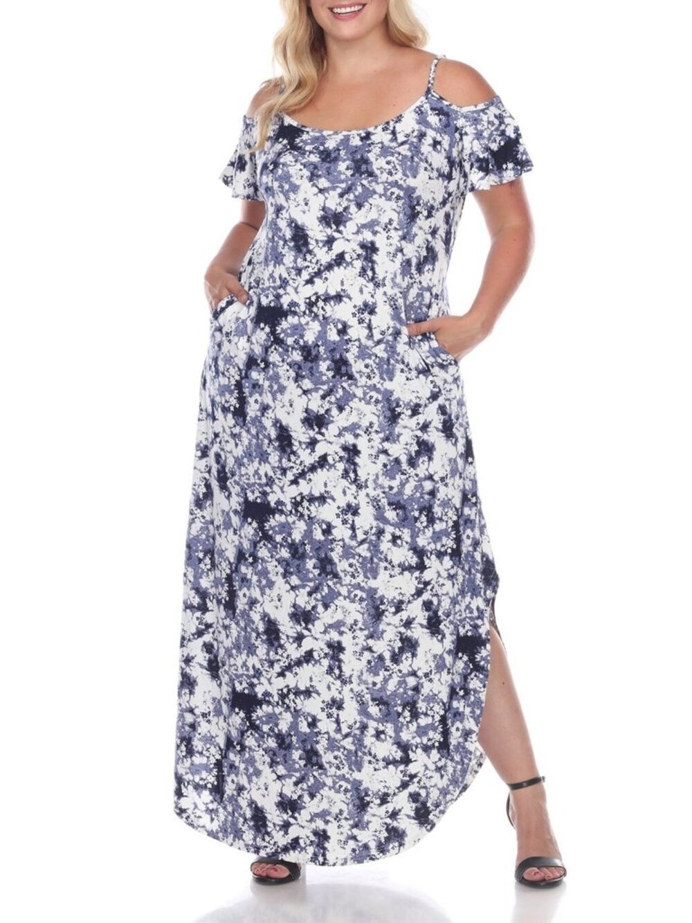 White Mark Navy & White Tie Dye Cold Shoulder Maxi Dress Size Medium